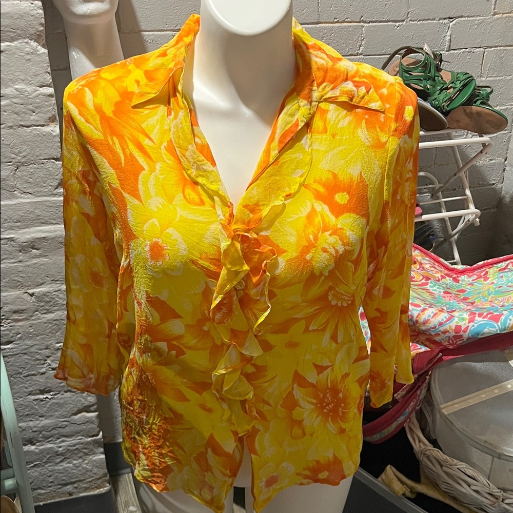Sunshine Floral Ruffle 100% Silk Blouse
